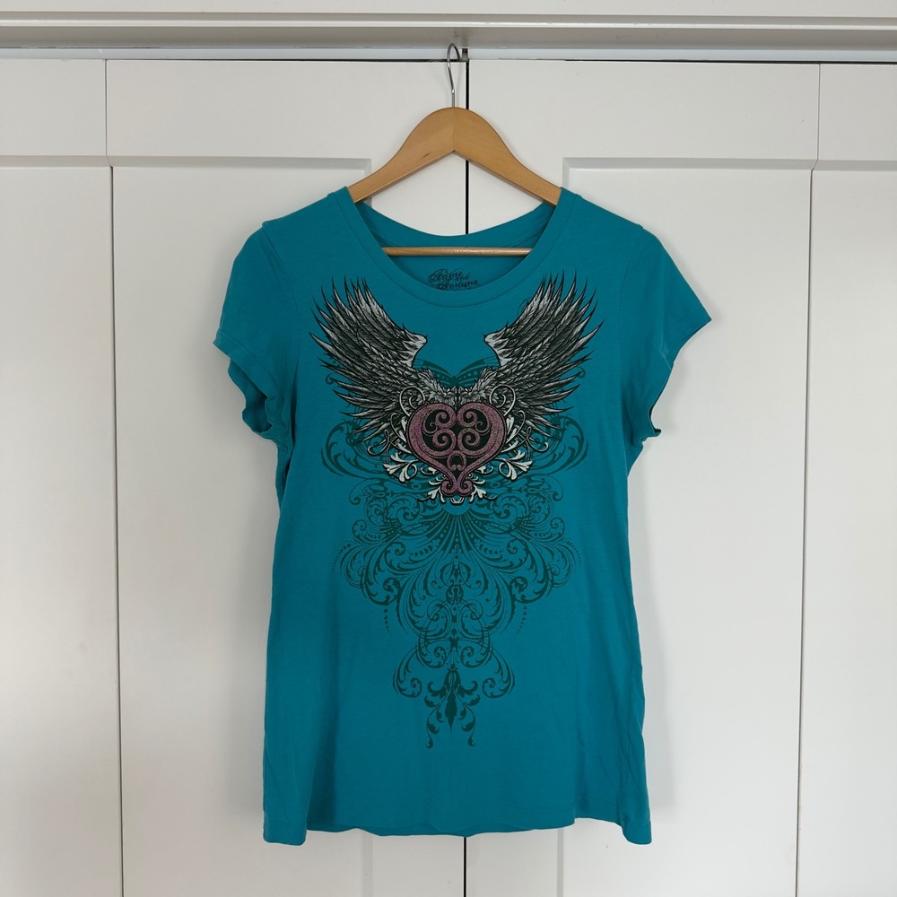Womens Fame and Fortune Graphic Tee XL Blue Wings Heart Y2K